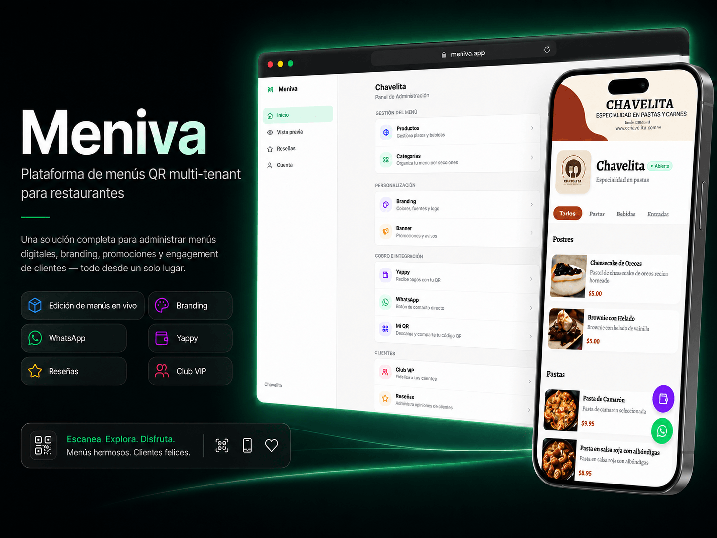 Interfaz de Meniva con el panel de gestión y un menú digital para restaurantes.