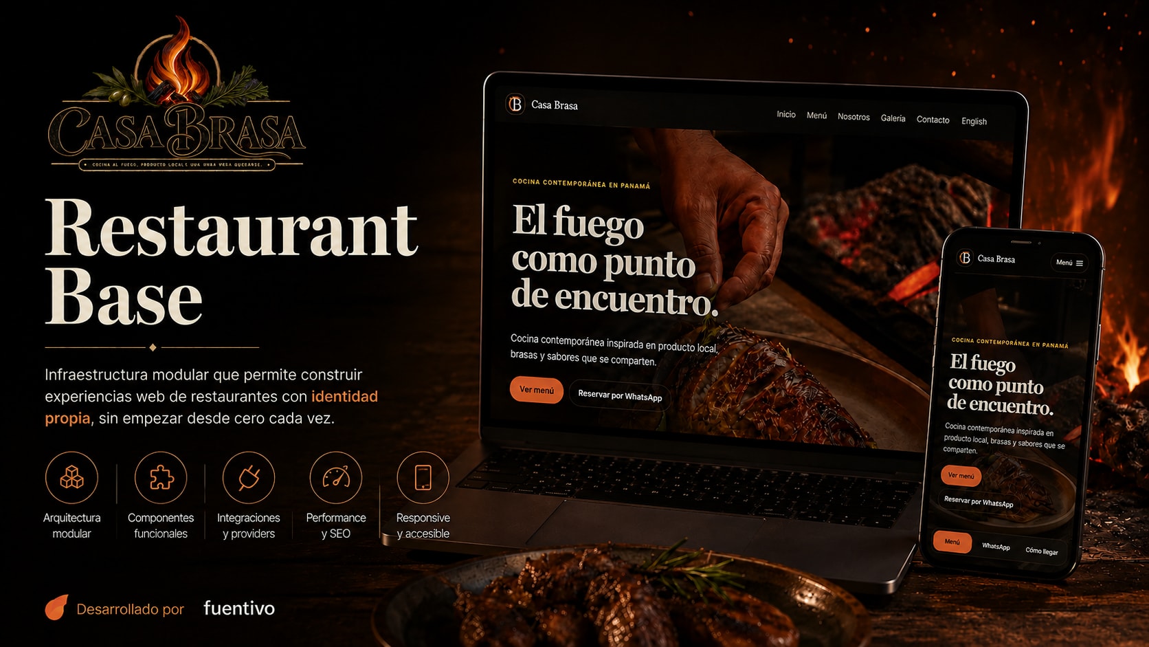Composición visual de Restaurant Base con identidad de Casa Brasa y experiencia web para restaurantes.