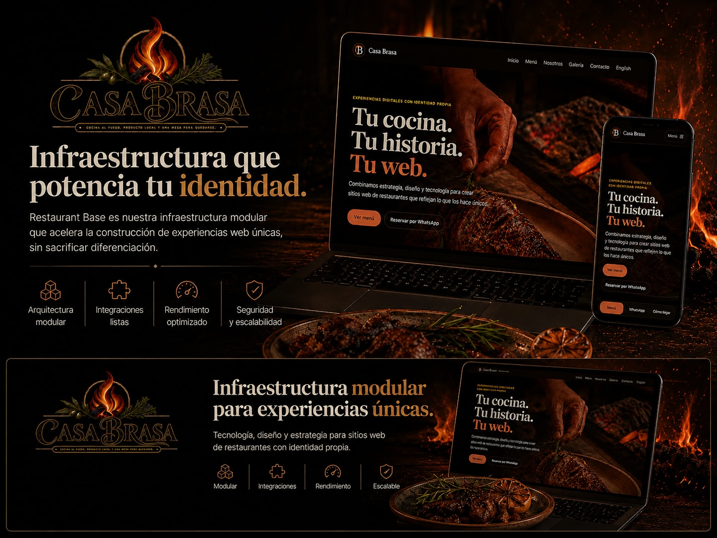 Vista promocional de Restaurant Base mostrando la demo de Casa Brasa en laptop y móvil.