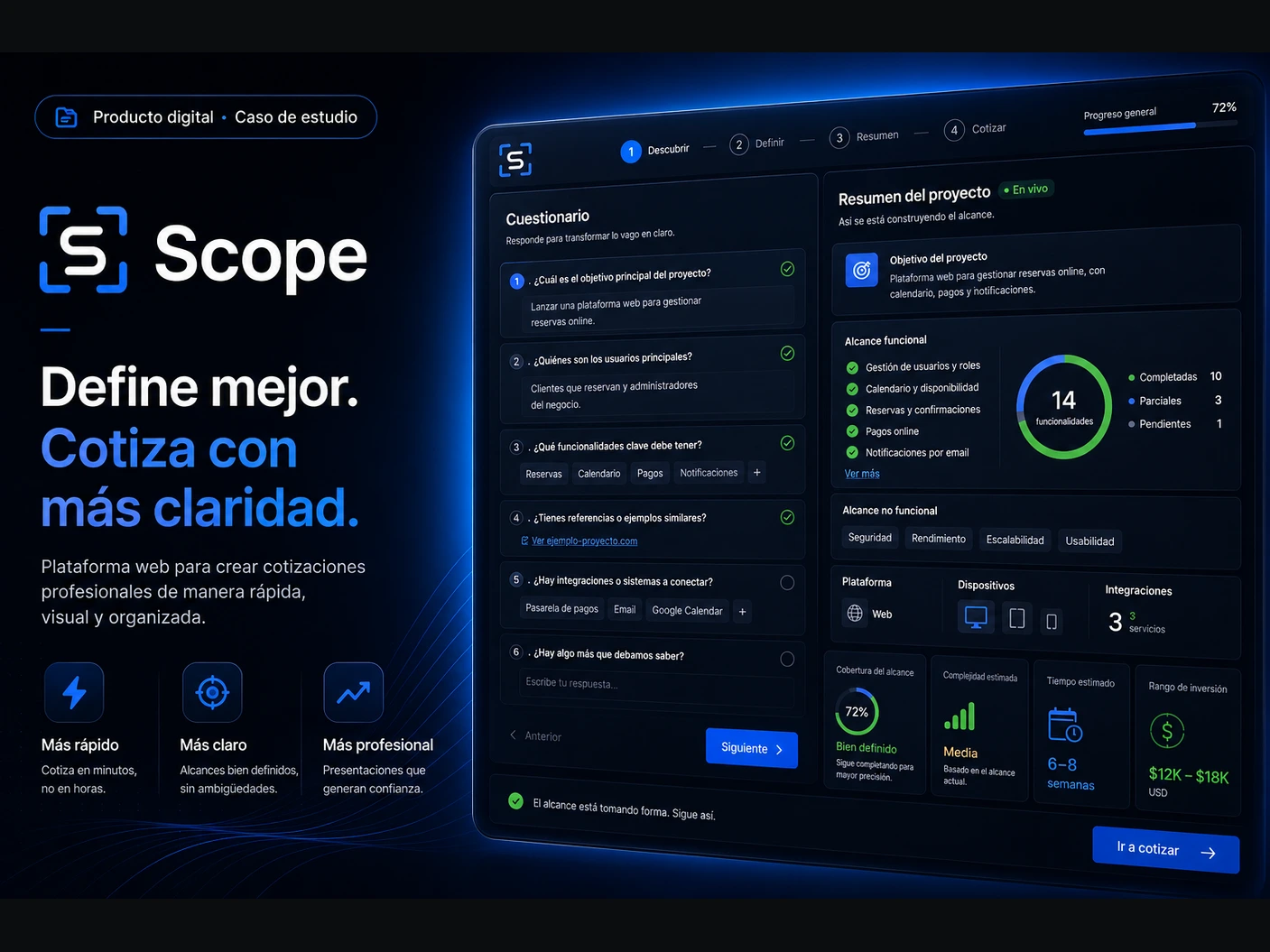 Interfaz de Scope mostrando la definición guiada y el resumen del alcance de un proyecto.