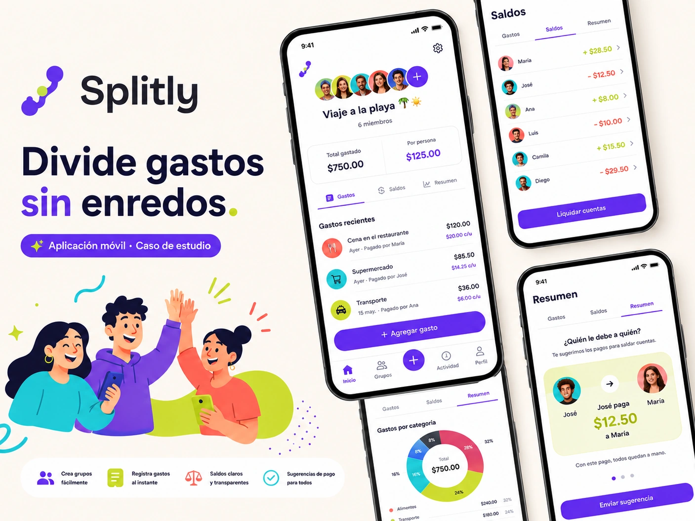 Aplicación Splitly mostrando gastos compartidos, balances y pagos sugeridos.
