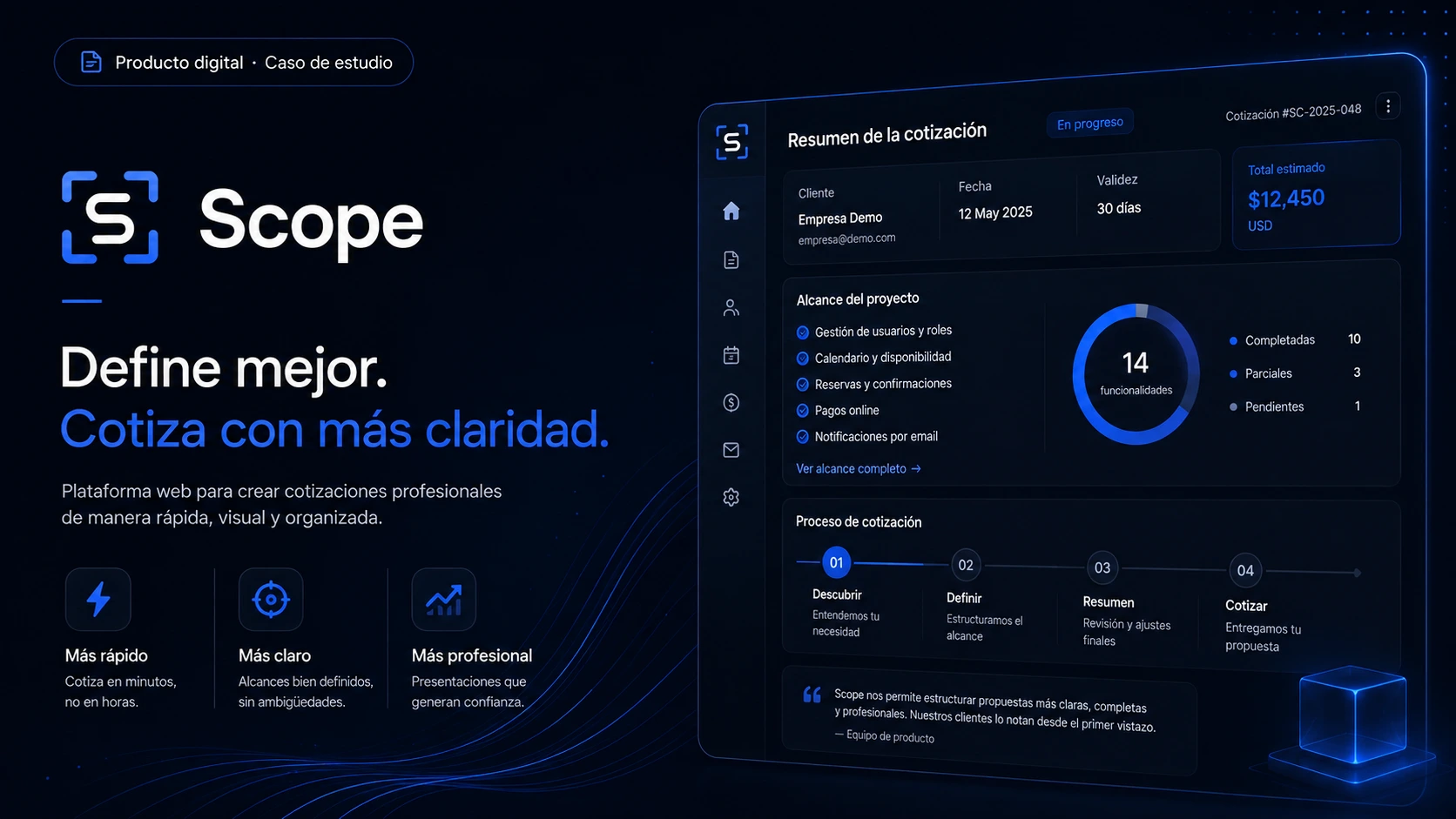 Vista amplia de Scope con el cuestionario guiado y el resumen dinámico del proyecto.