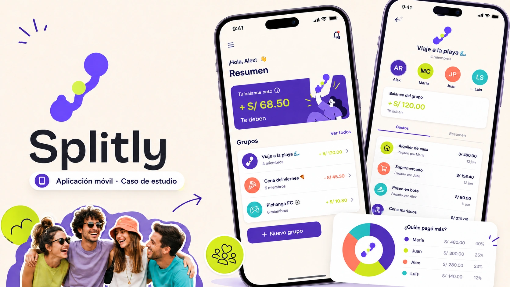 Vista amplia de Splitly con grupos, gastos y el resumen de balances en dispositivos móviles.